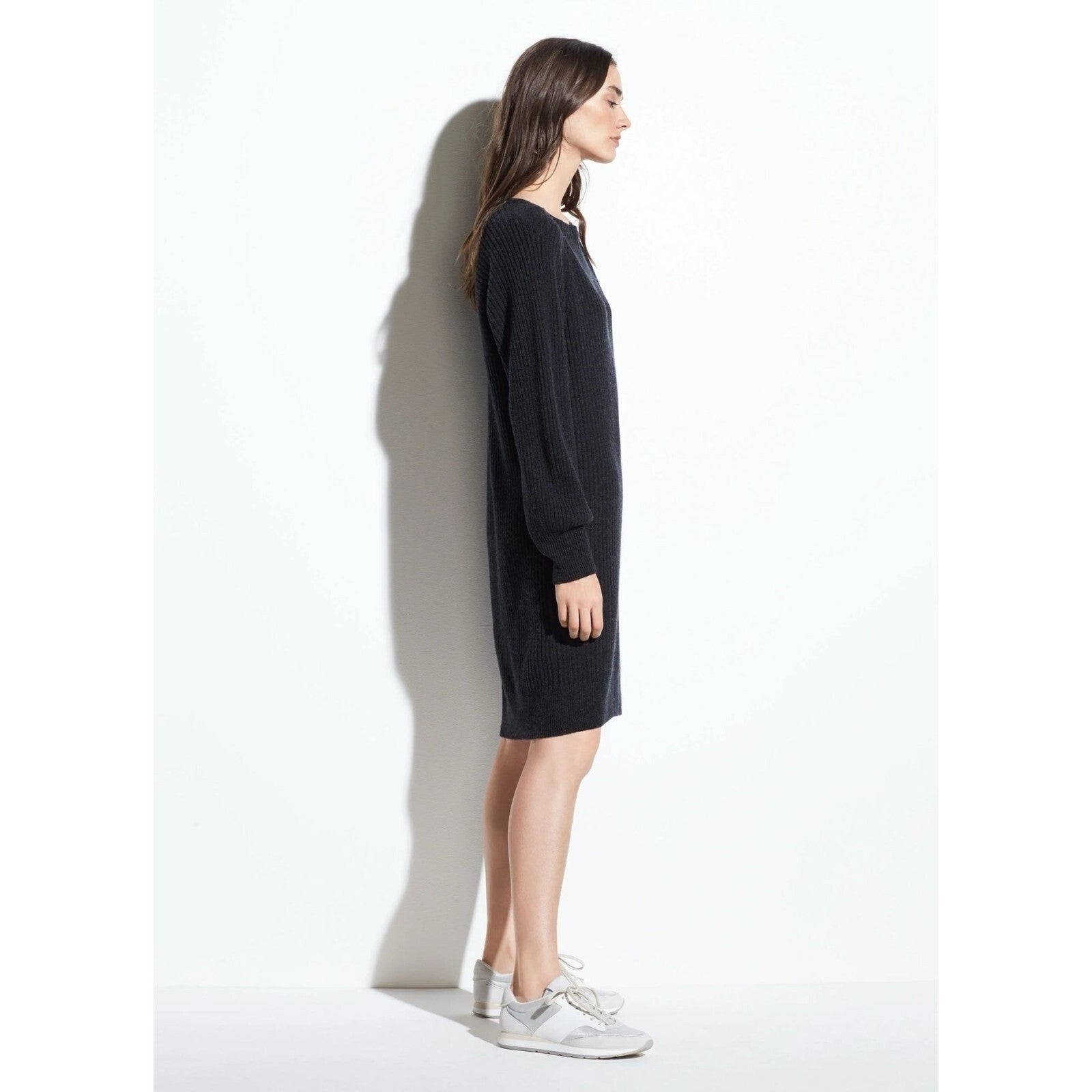 VINCE Cashmere Wool Grey Ribbed Knit Sweater Dress Raglan Sleeves Preppy Small