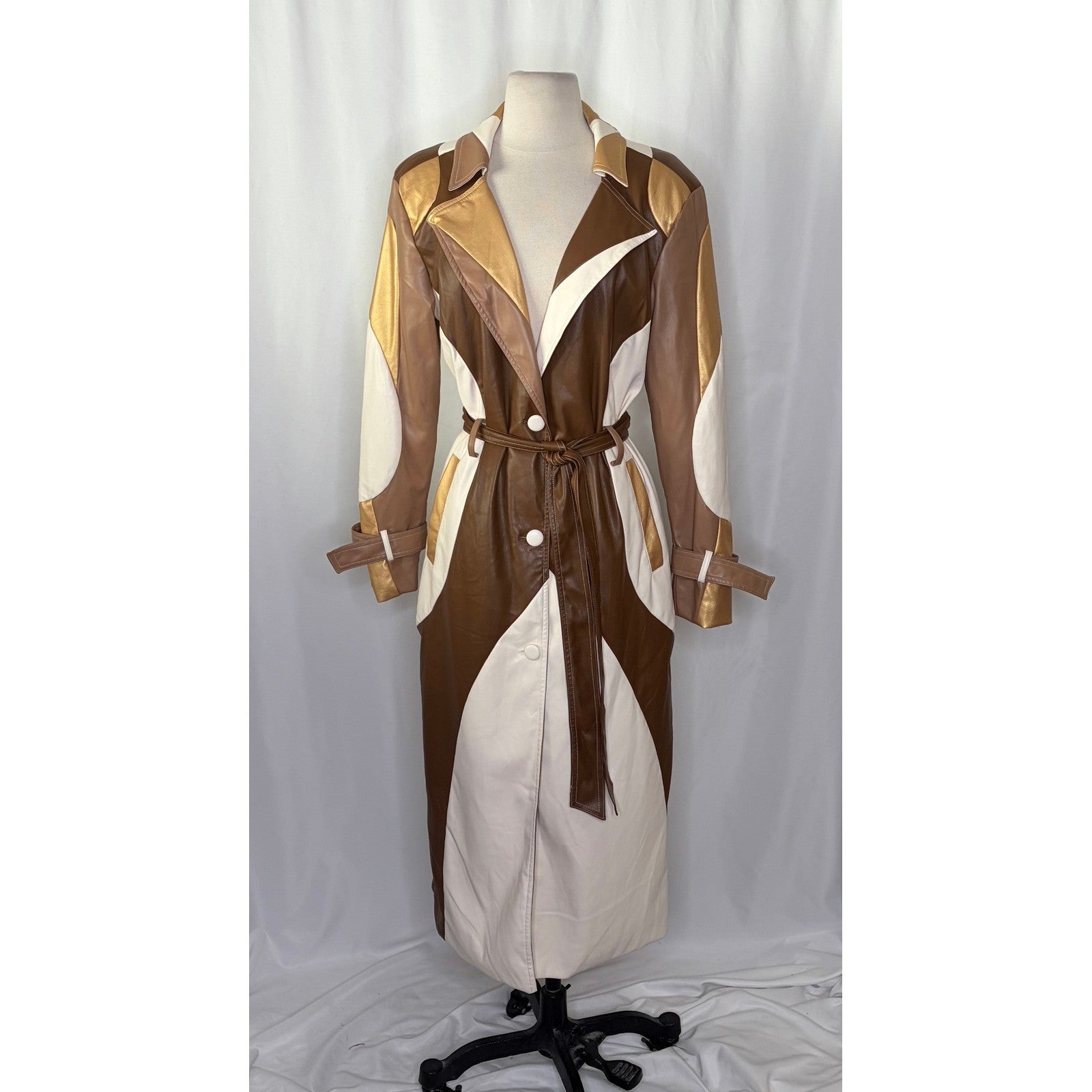 COLIN LOCASCIO Francine Patchwork Trench Coat Vegan Leather Belted Retro Small