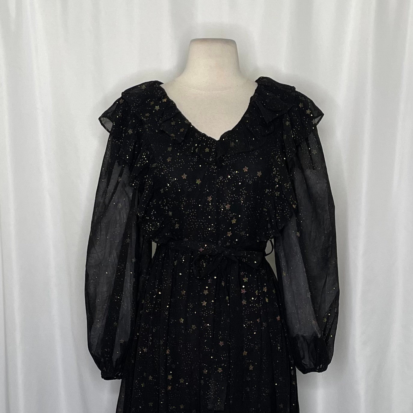 BY THE RIVER Chiffon Midi Dress Ruffled Black Gold Stars Party Glam Star Small