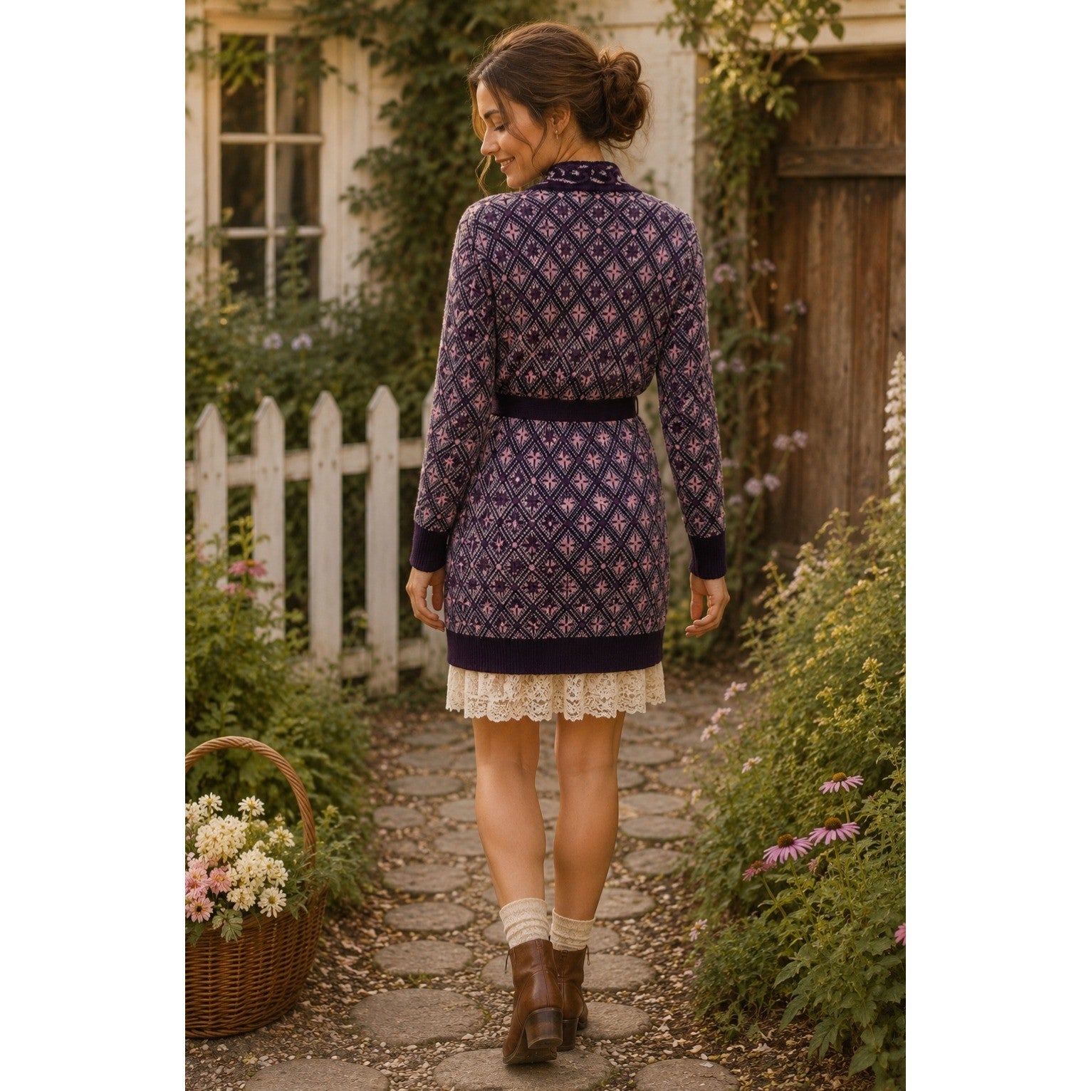COSY WOOL by Elson Purple Geometric Cardigan Sweater Belted Tie Waist Size 38