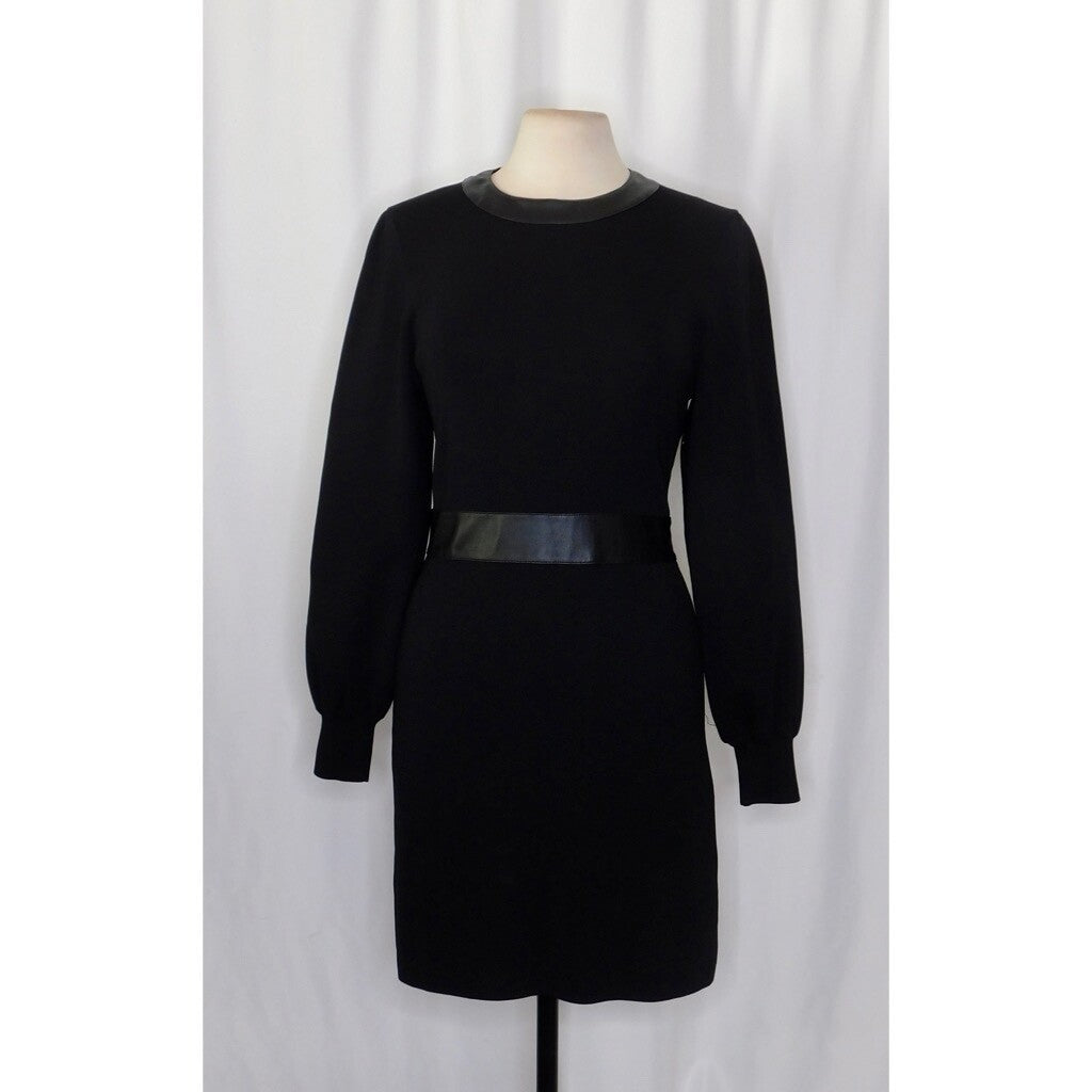 THE KOOPLES Black Knit Faux Leather Trimmed Dress Puff Sleeves Size 3 / Large