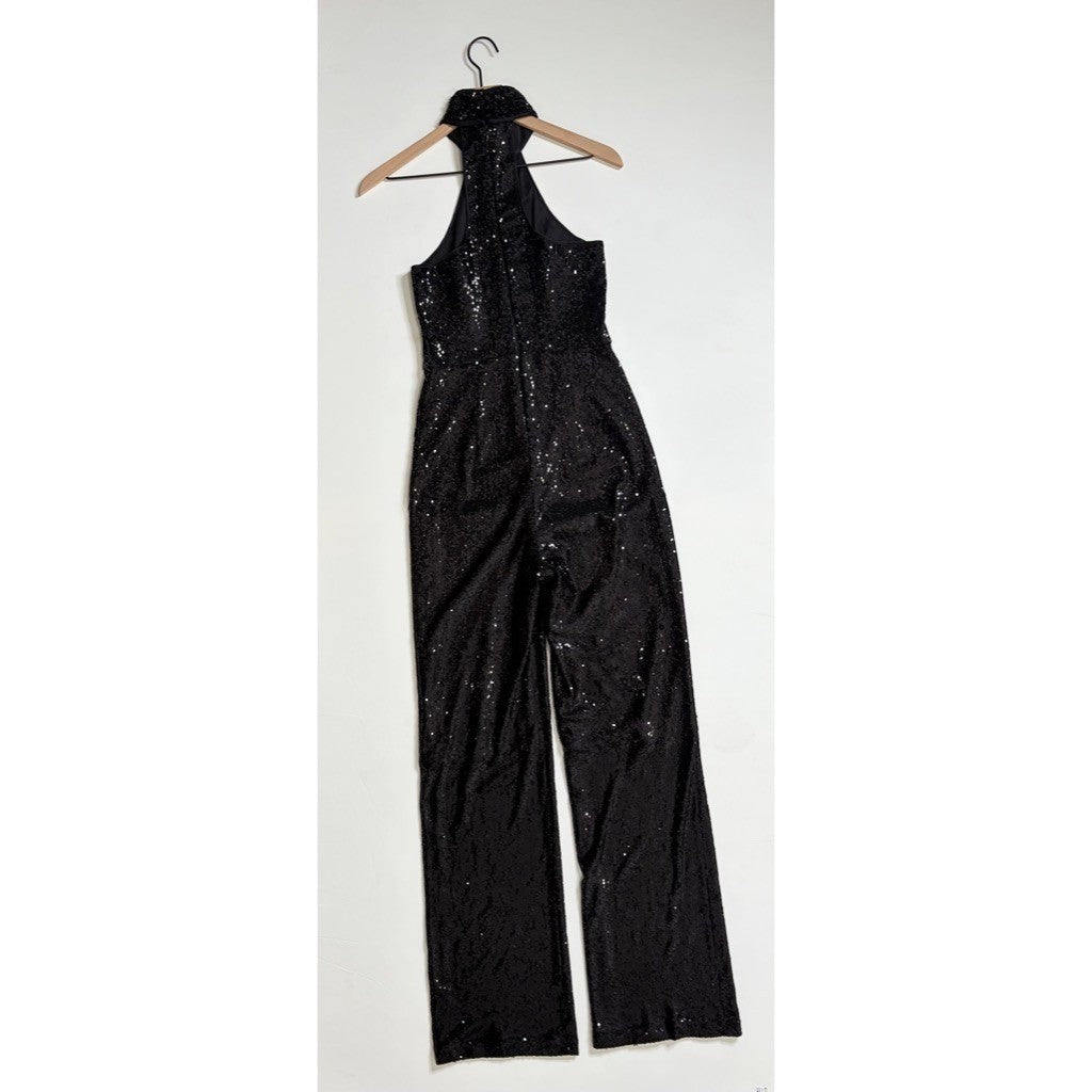 CINQ A SEPT Shelby Black Sequin Jumpsuit Halter Neck Party Cocktail Size 4