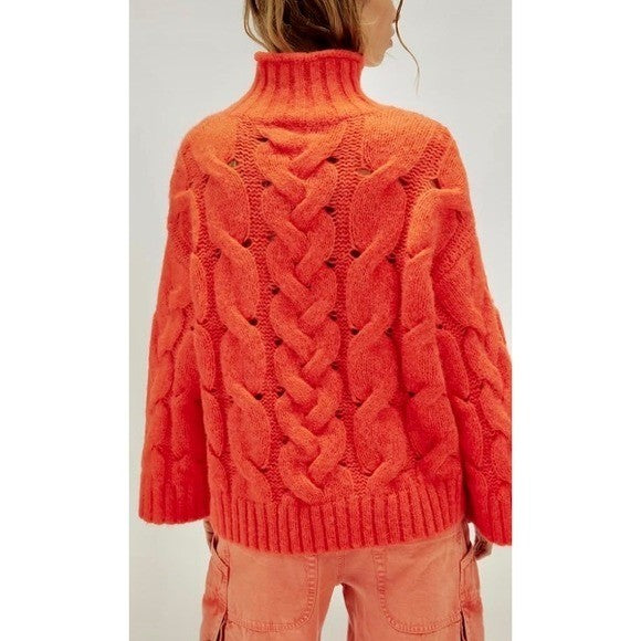 NWT!! FREE PEOPLE Clementine SoftSpun Cable Knit Pullover Solid Orange Small