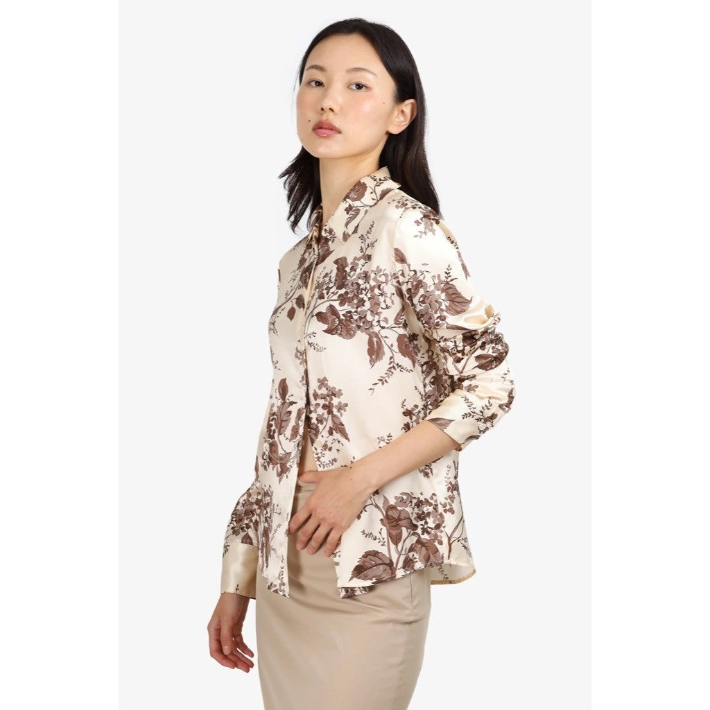 REFORMATION Silk Floral Print Blouse Top Buttondown Cream Brown Chic Large