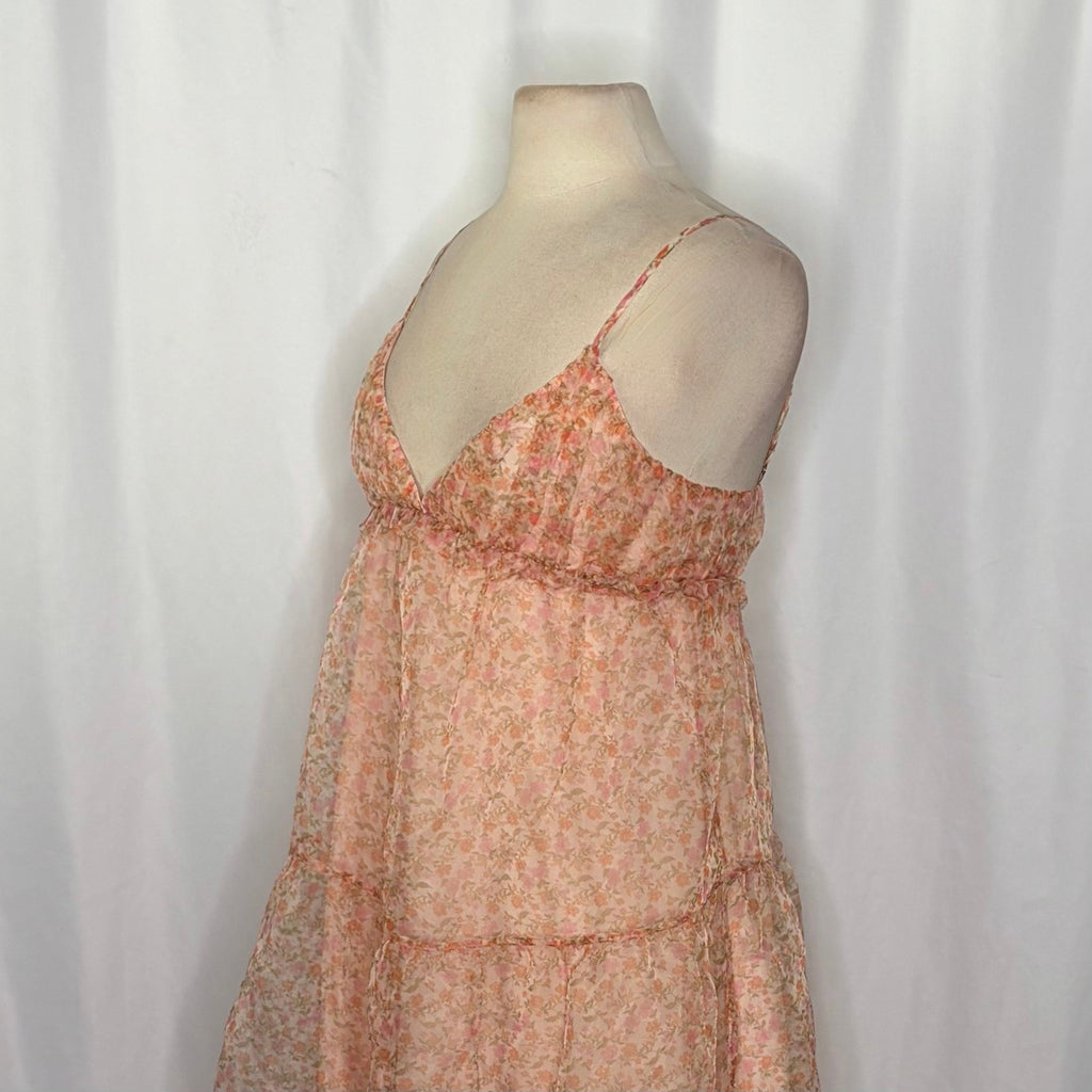 ZARA Organza Pink Peach Floral Maxi Dress Tiered Sundress Summer Vacation Medium