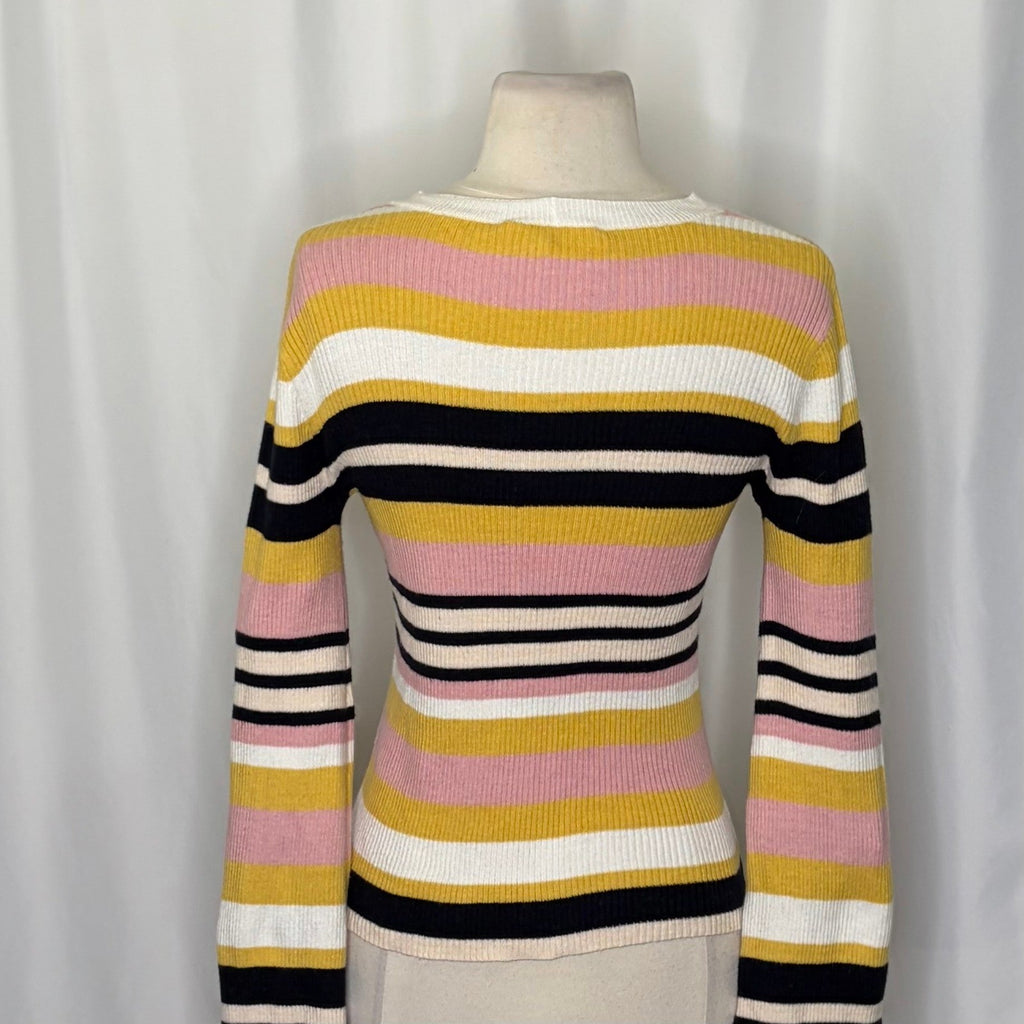 FRAME Denim Baja Citrine Stripe Sweater Cashmere Ribbed Knit Flare Sleeves Small