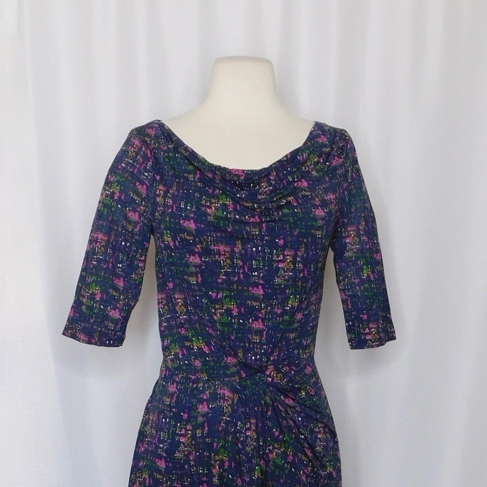 BODEN Drape Neck Pleated Ruched Midi Dress Abstract Print Knit Pleats 4L 4 Tall