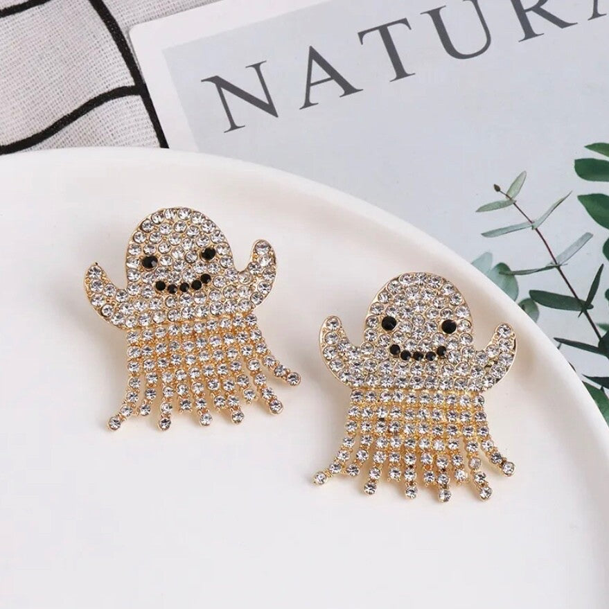 NEW Rhinestone Ghost Stud Earrings Glam Halloween Spooky Spirit Embellished