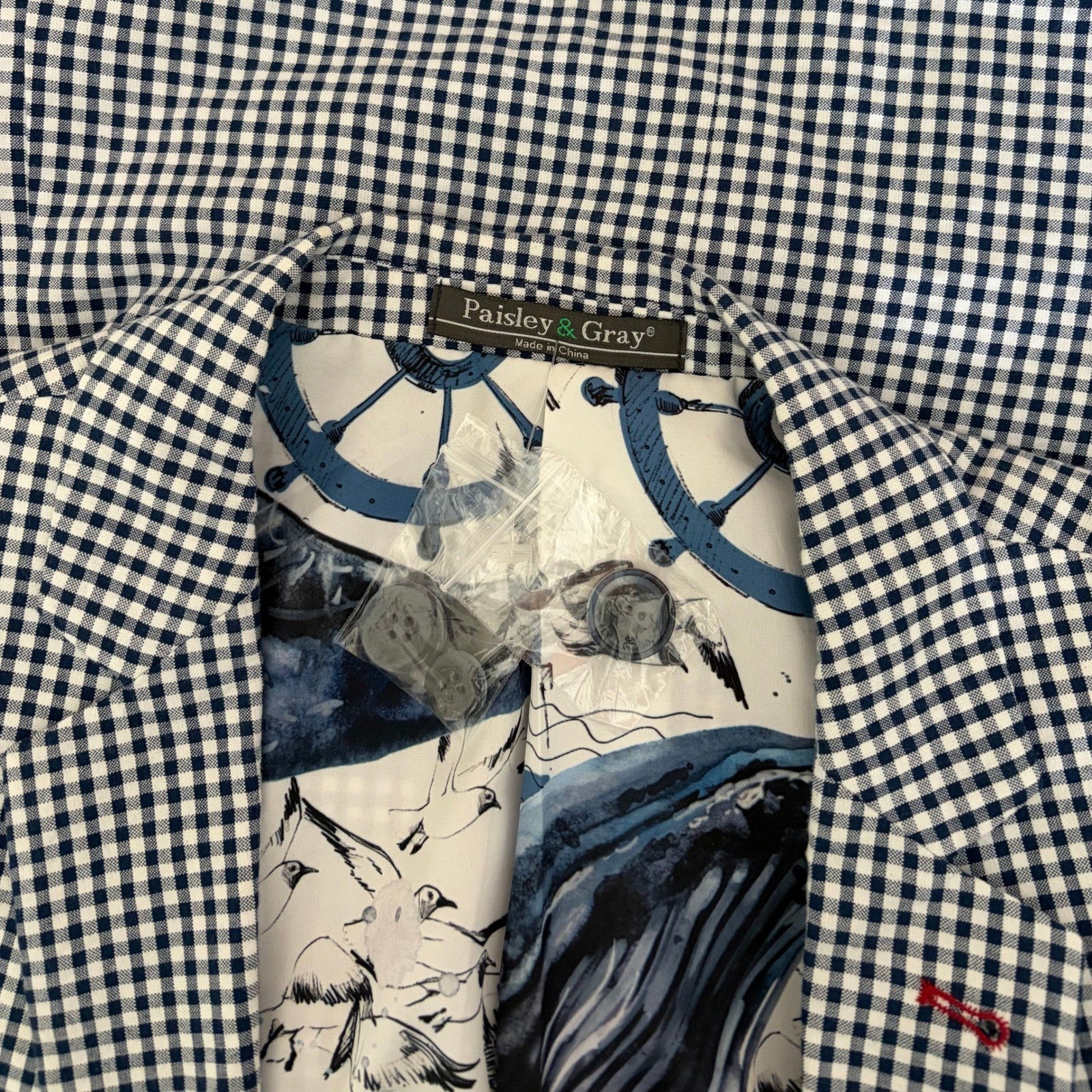 NEW! PAISLEY & GRAY Gingham Peak Two Button Blazer Blue White Nautical Lined 40R