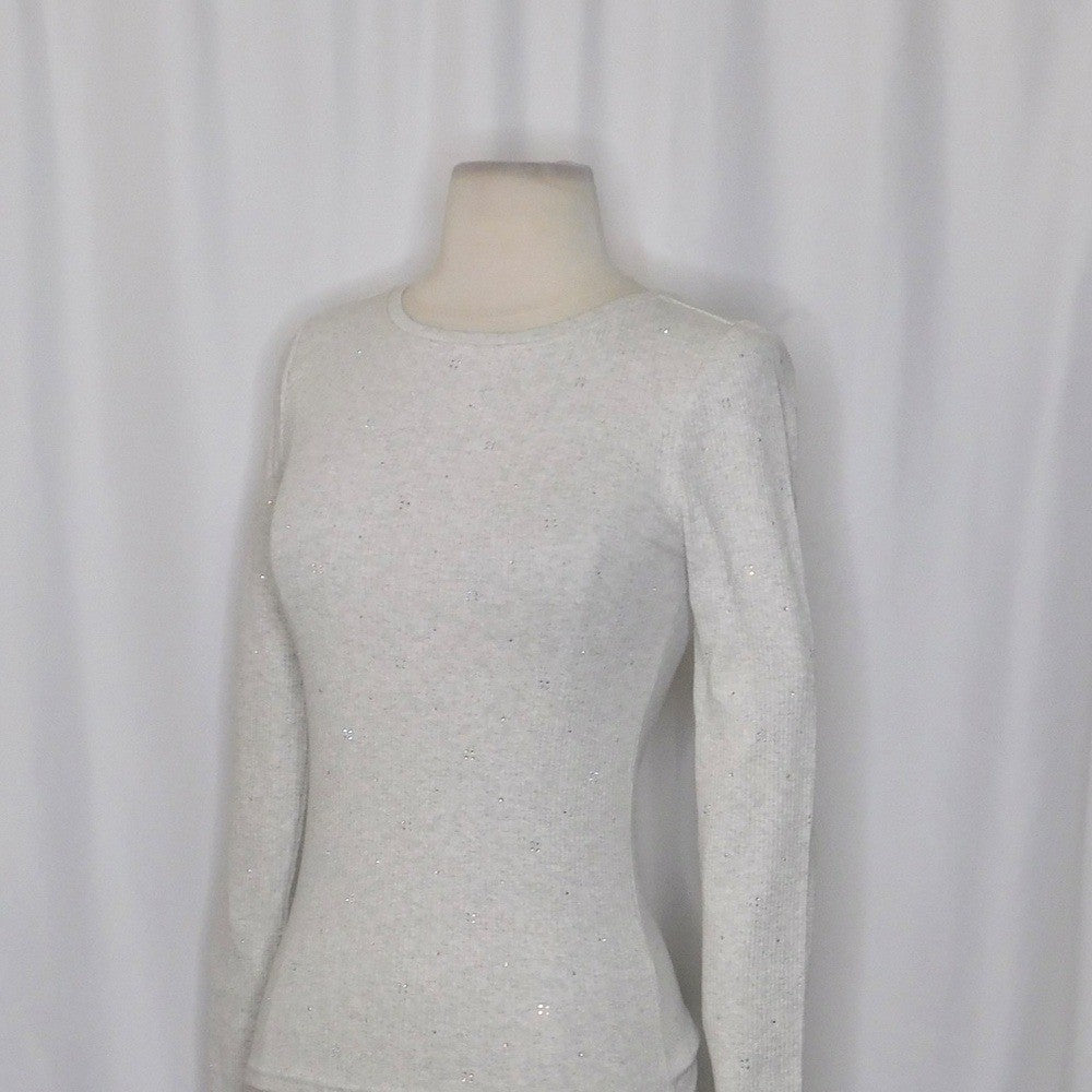 J. CREW Vintage Rib Long Sleeve T-Shirt Embellished Heathered Dove XXS XX-Small