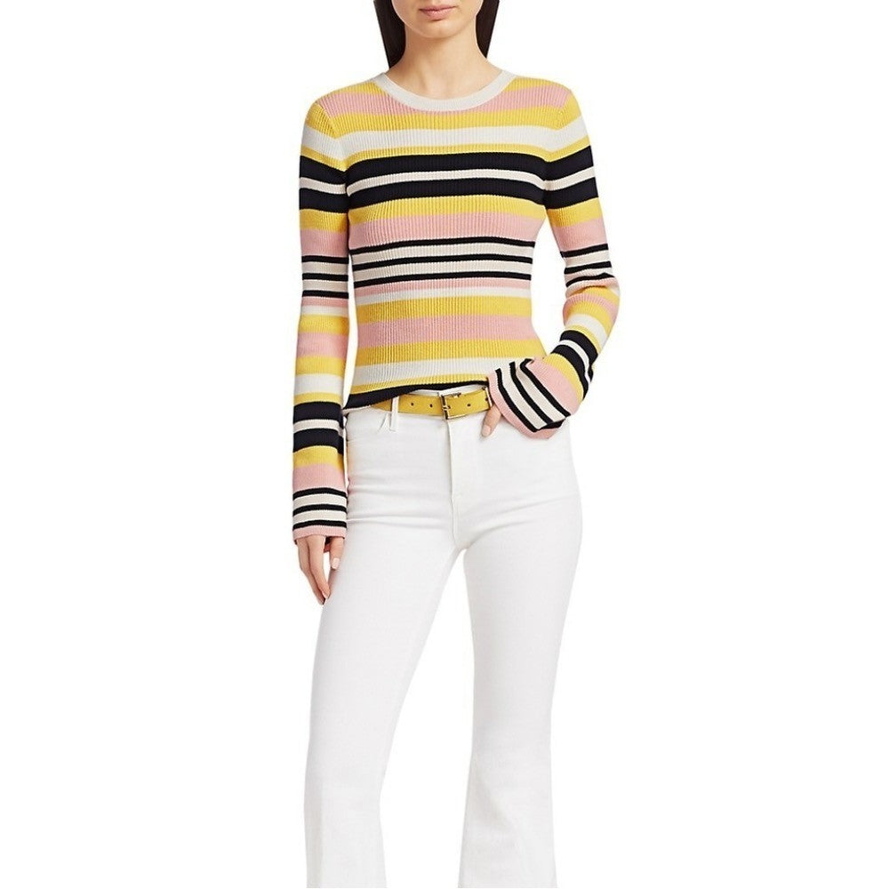 FRAME Denim Baja Citrine Stripe Sweater Cashmere Ribbed Knit Flare Sleeves Small