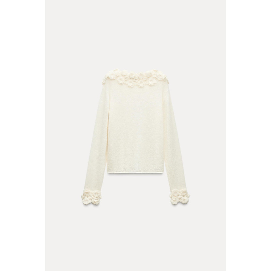 ZARA Alpaca Wool Ecru Crochet Flower Appliqué Sweater Blogger Favorite Small