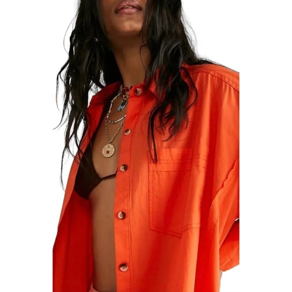 Free People WE THE FREE Happy Hour Poplin Top Buttondown Solid Orange X-Small