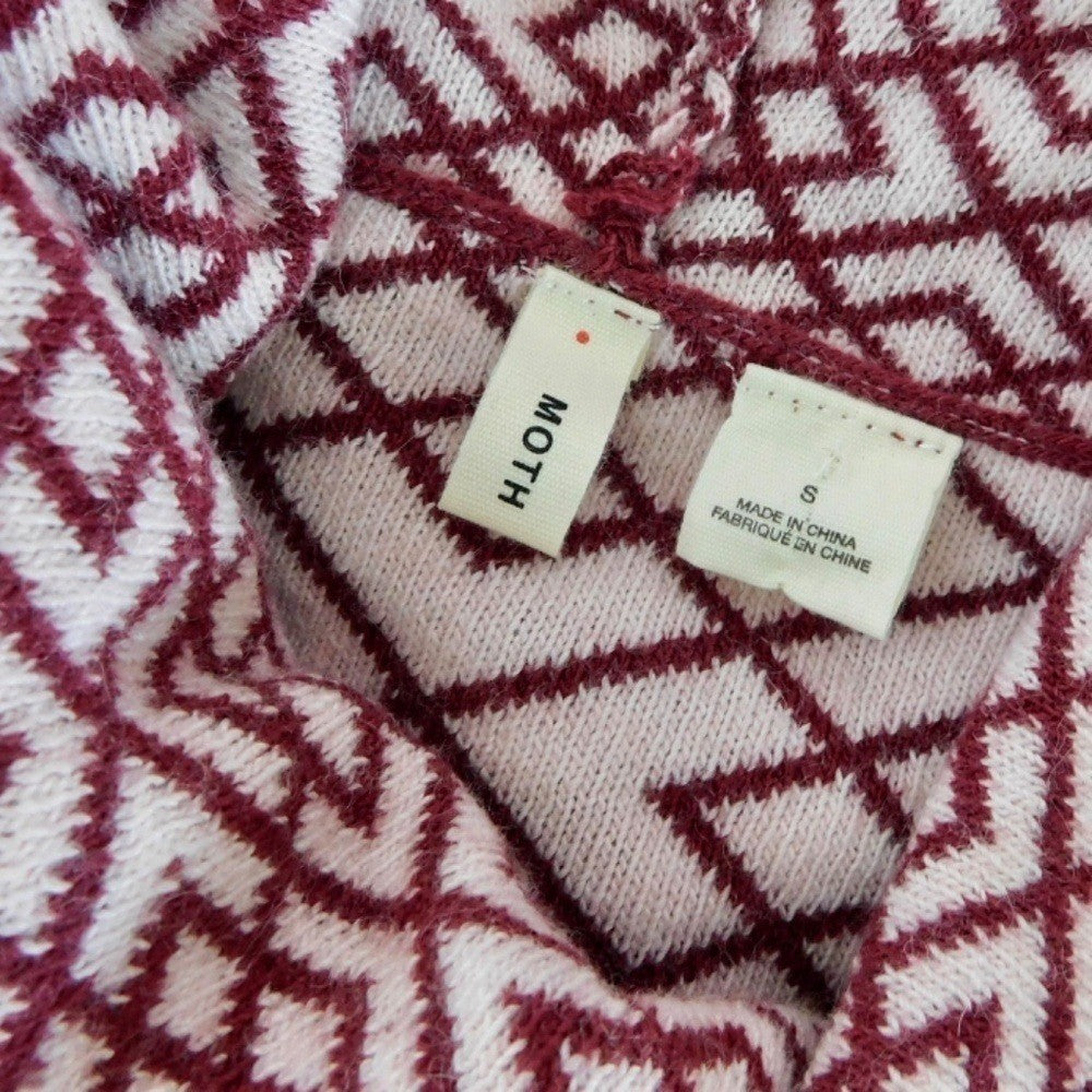 Anthropologie MOTH Galena Cowl Neck Sweater Maroon Pink Jacquard Geometric Small