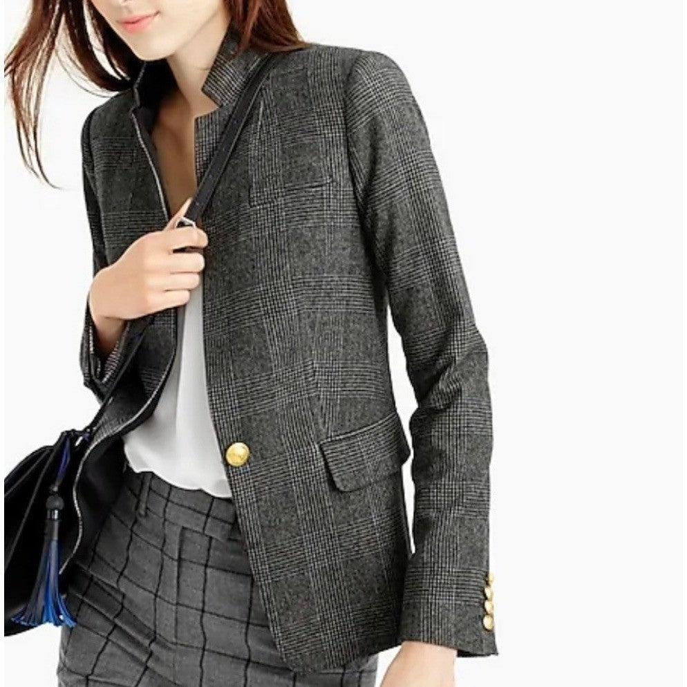 J. CREW Wool Regent Blazer Plaid Satin Lapels Houndstooth Black Gray Size 6