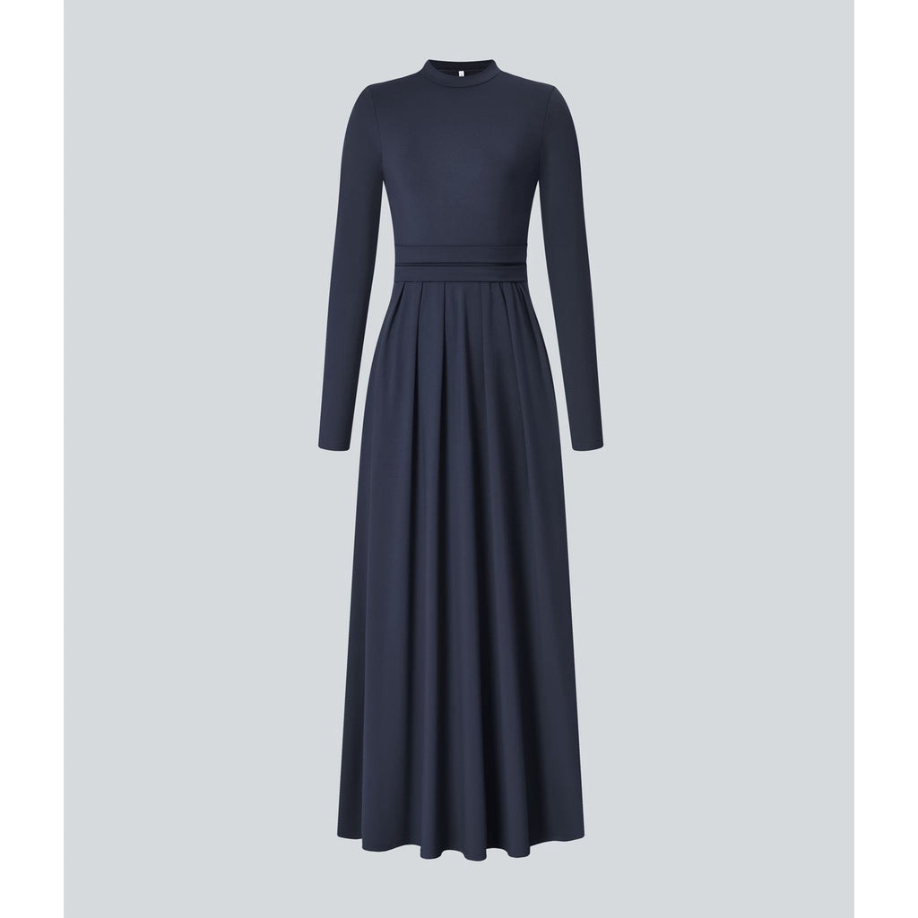 HALARA Navy Blue Mock Neck Long Sleeve Pocket Flare Maxi Casual Dress Knit XS