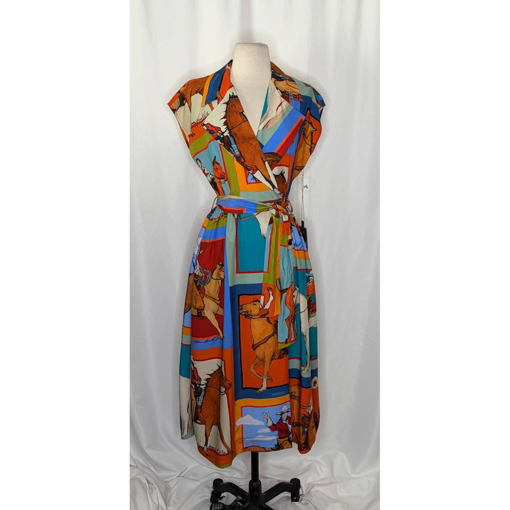 NWT!! DOUBLE D RANCH Women Of The Range Dress Western Horses Midi Bright X-Small
