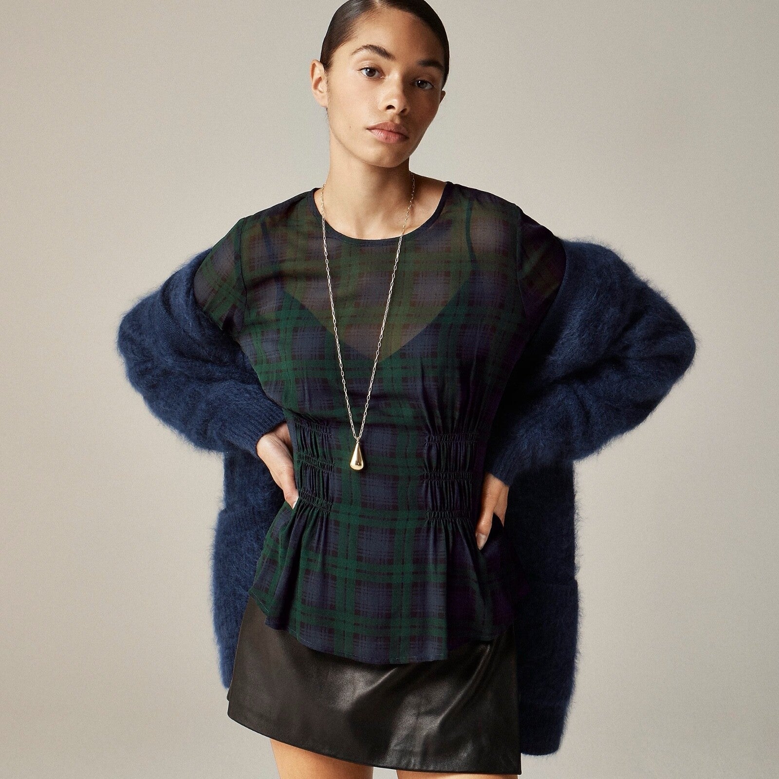 NEW!! J. CREW Chiffon Shirred-Waist Top Black Watch Tartan Plaid Copper Green 2
