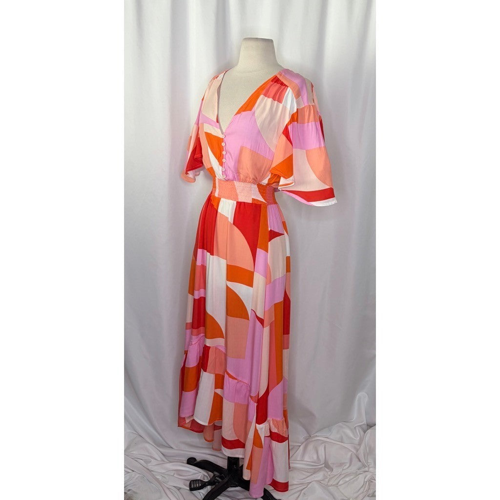NWT! ATL ABEL THE LABEL Nova Maxi Dress High Low Pink Colorblock Abstract Medium