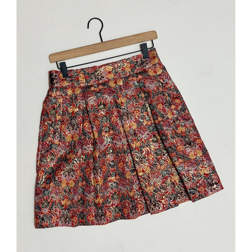 Anthropologie MAEVE Rosie Floral Skirt Pleated Metallic Brocade Pockets Small