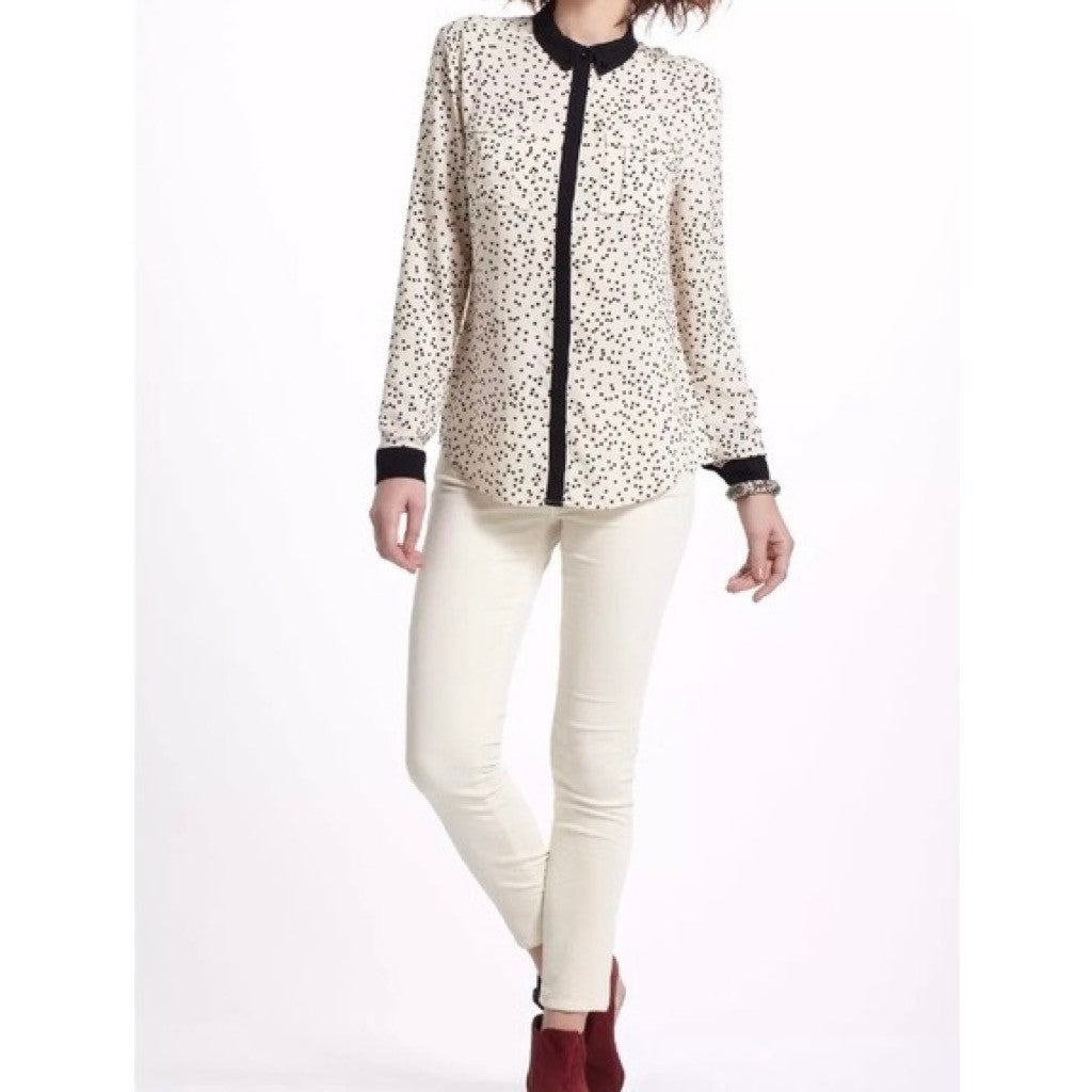 Anthropologie MAEVE Bagatelle Buttondown Shirt Ivory Black Polka Dot Pockets 10