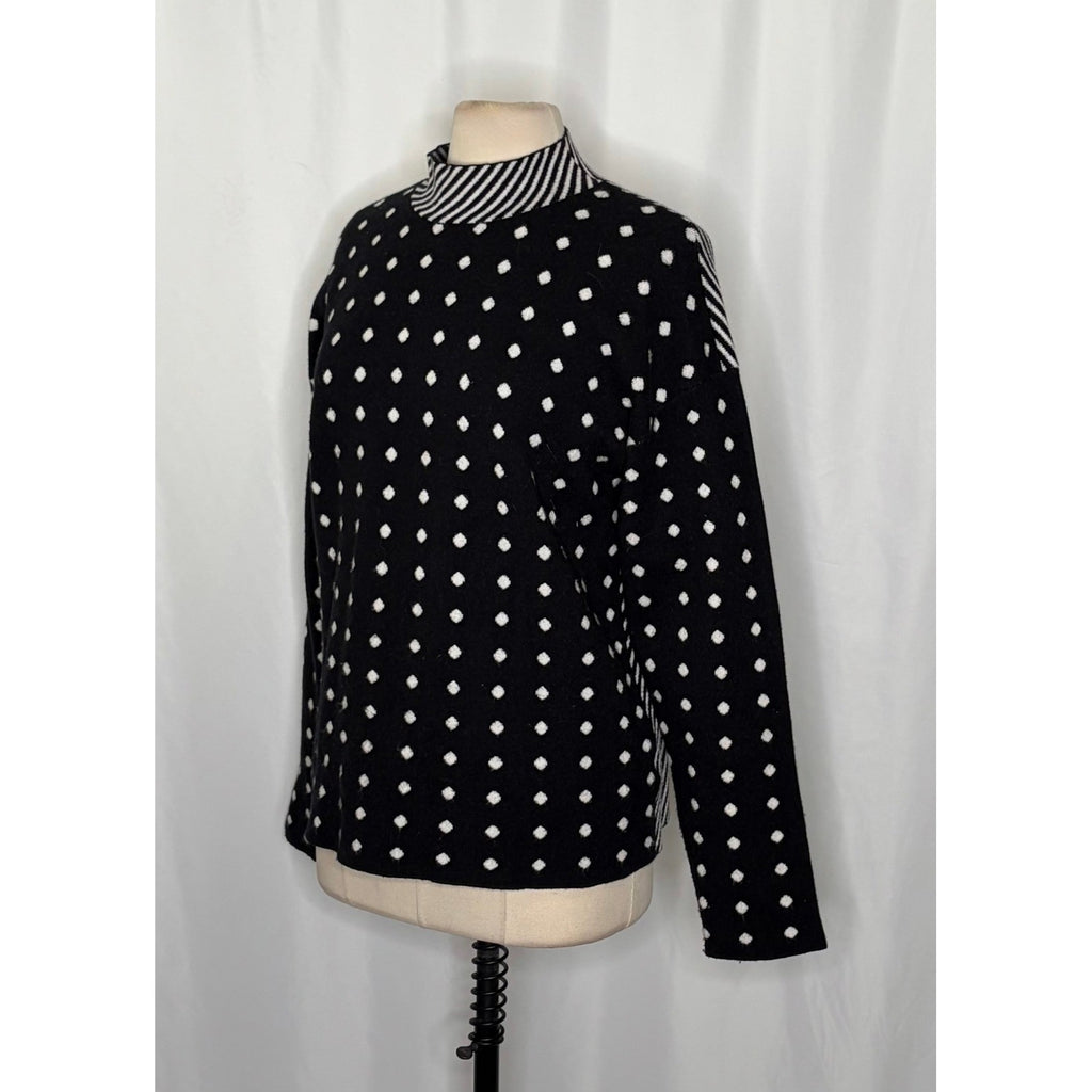 By ANTHROPOLOGIE Lizzie Mock Neck Sweater Black White Polka Dot Striped Large