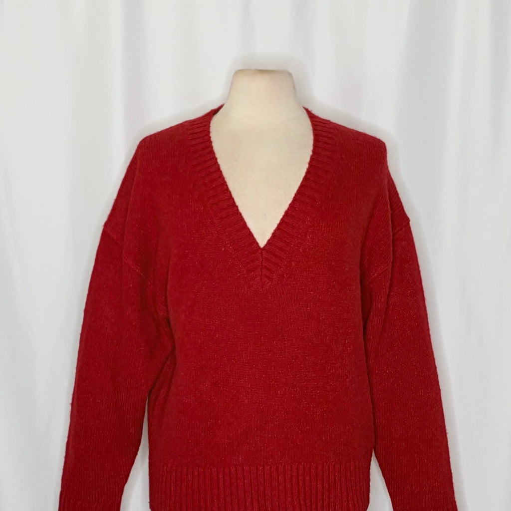 J. CREW Relaxed V Neck Pullover Sweater Solid Red Merino Wool Alpaca Medium