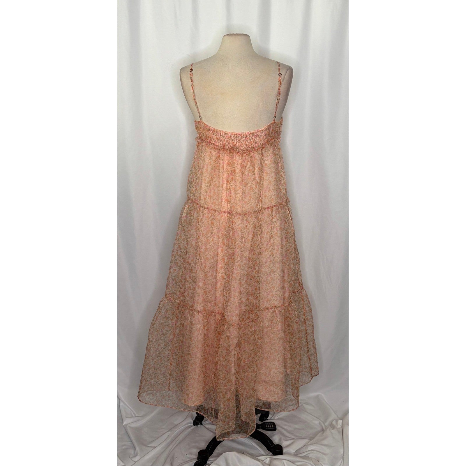 ZARA Organza Pink Peach Floral Maxi Dress Tiered Sundress Summer Vacation Medium