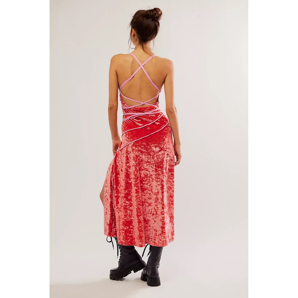 FREE PEOPLE Deia Velvet Midi Dress Pink Rose Strappy Dainty Romantic X-Small