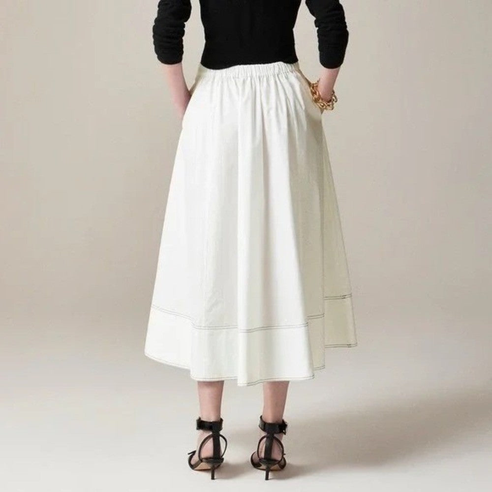 NWT!! J. CREW Contrast-Stitch Midi Skirt Cotton Poplin Solid White Navy Blue 14