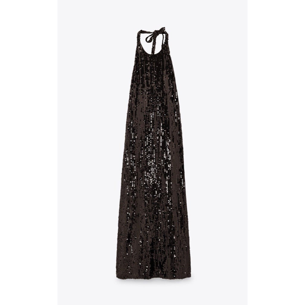ZARA Chocolate Brown Sequin Halter Maxi Dress Festive Party Sequinned Small
