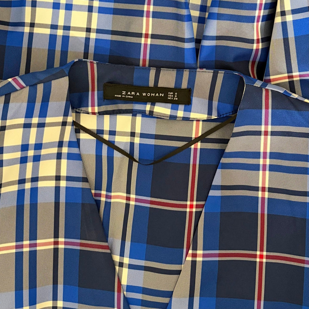ZARA Blue Plaid Taffeta Dress Belted Tie Waist Midi Buttondown Preppy Small