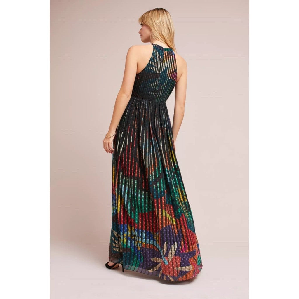 Anthropologie GEISHA DESIGNS Kalinka Maxi Dress Halter Embellished Clip Dot 0