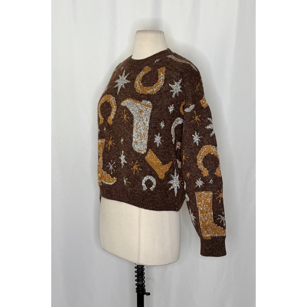 ZARA Western Cosmic Cowboy Boots Stars Jacquard Sweater Metallic Crewneck Small