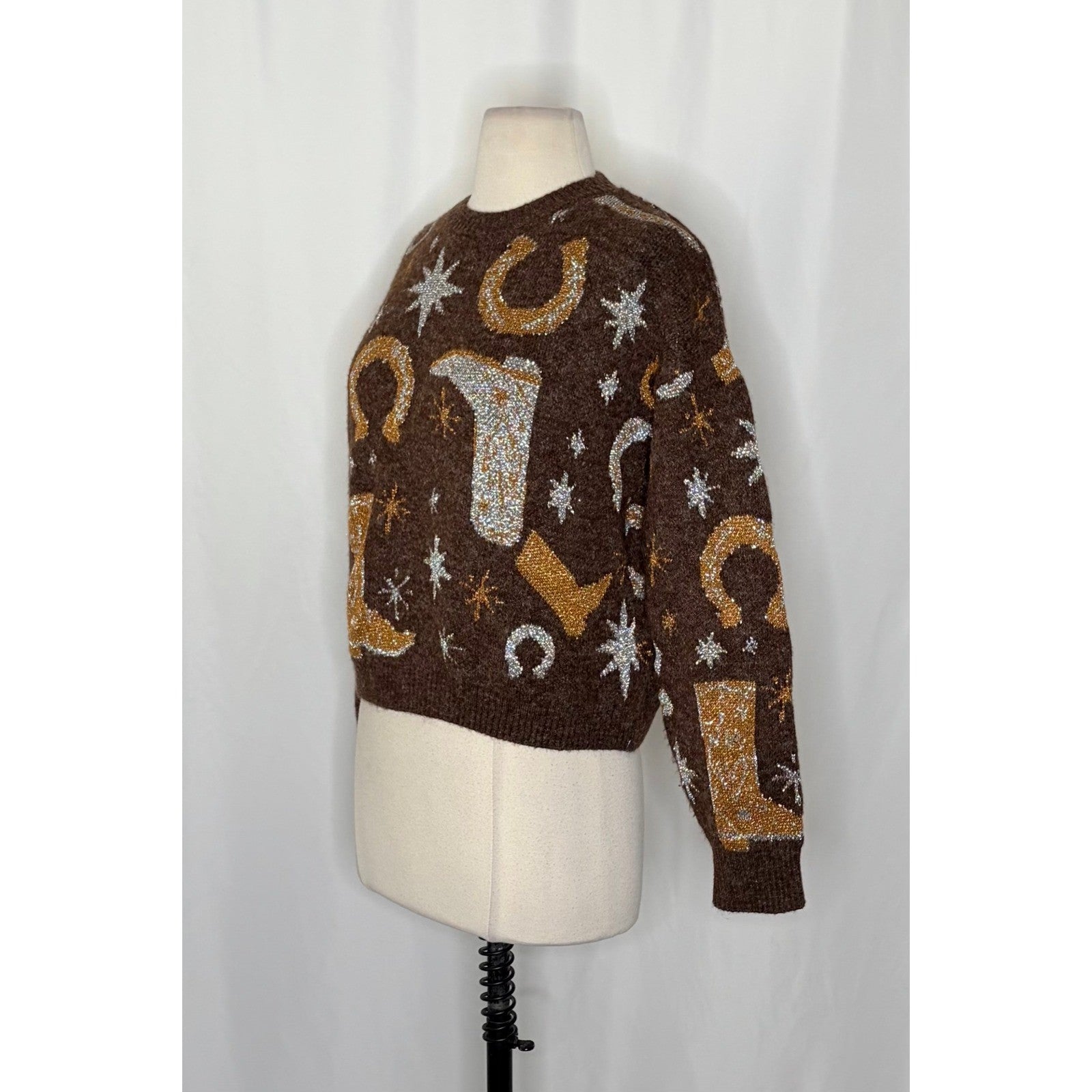ZARA Western Cosmic Cowboy Boots Stars Jacquard Sweater Metallic Crewneck Small