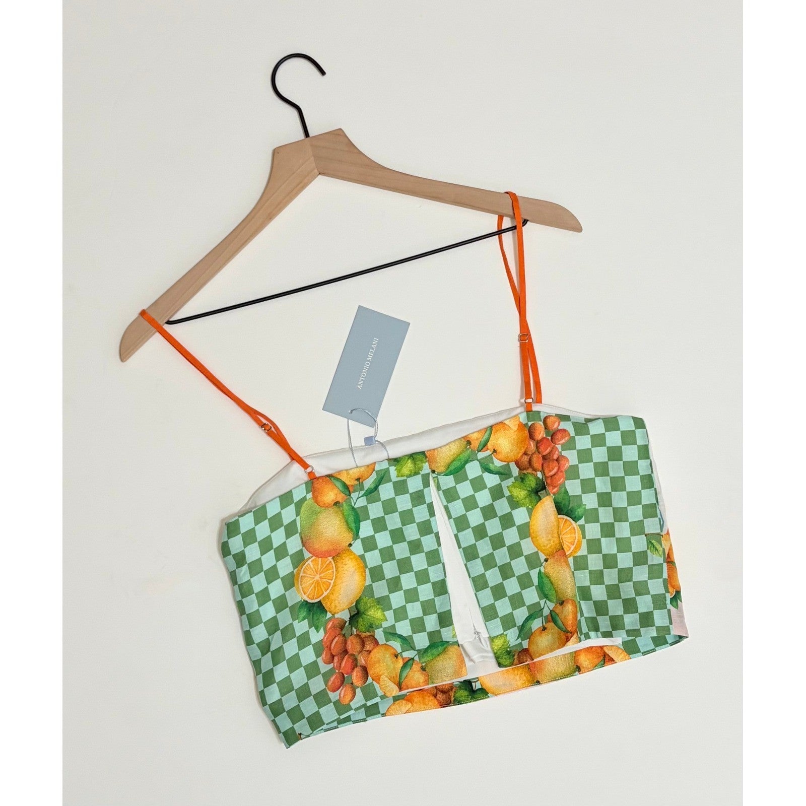 NWT!! ANTONIO MELANI Callista Cropped Linen Top Citrus Bliss Fruit Checkered 0