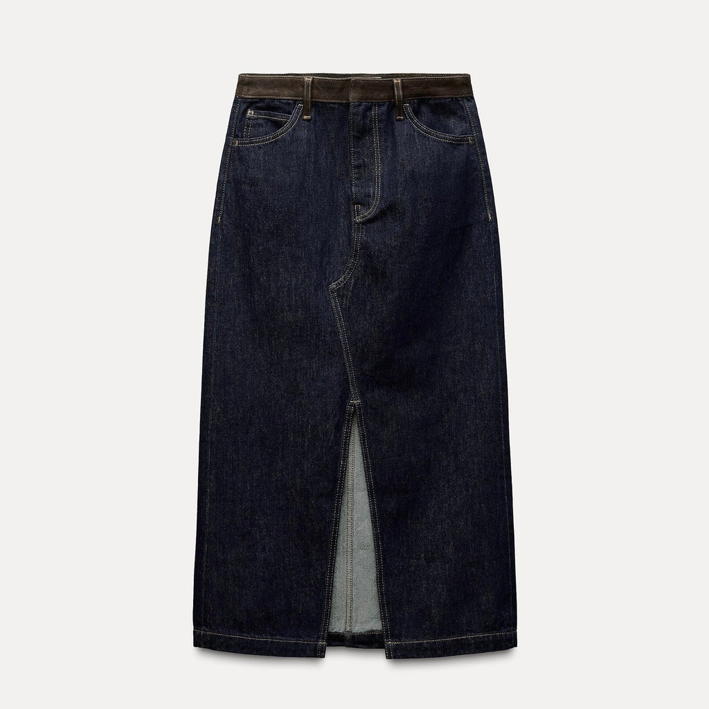 ZARA ZW Collection Denim Midi Skirt Contrast Suede Waistline Blue Pockets Small