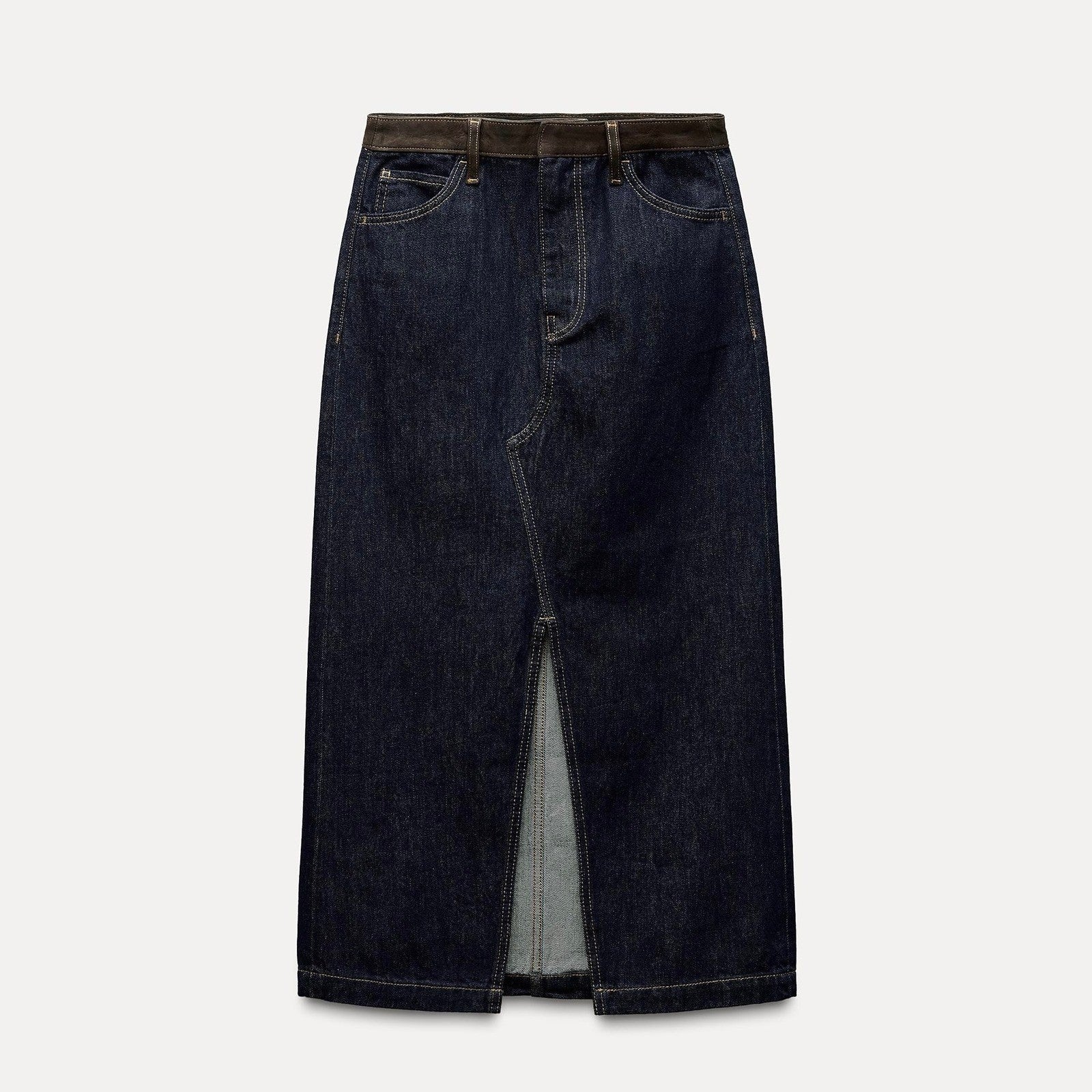 ZARA ZW Collection Denim Midi Skirt Contrast Suede Waistline Blue Pockets Small