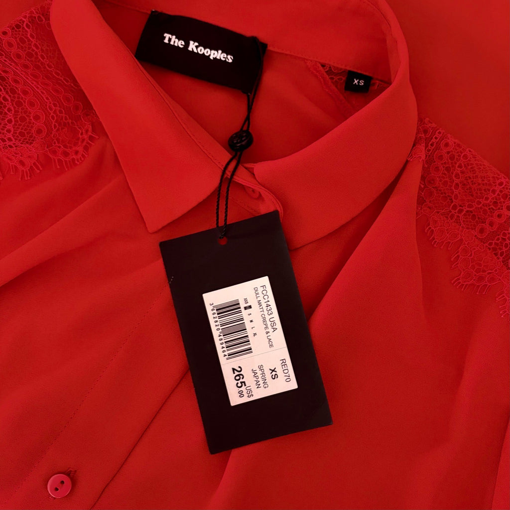 NWT!! THE KOOPLES Red Crepe Lace Shirt Blouse Buttondown Valentine Solid X-Small