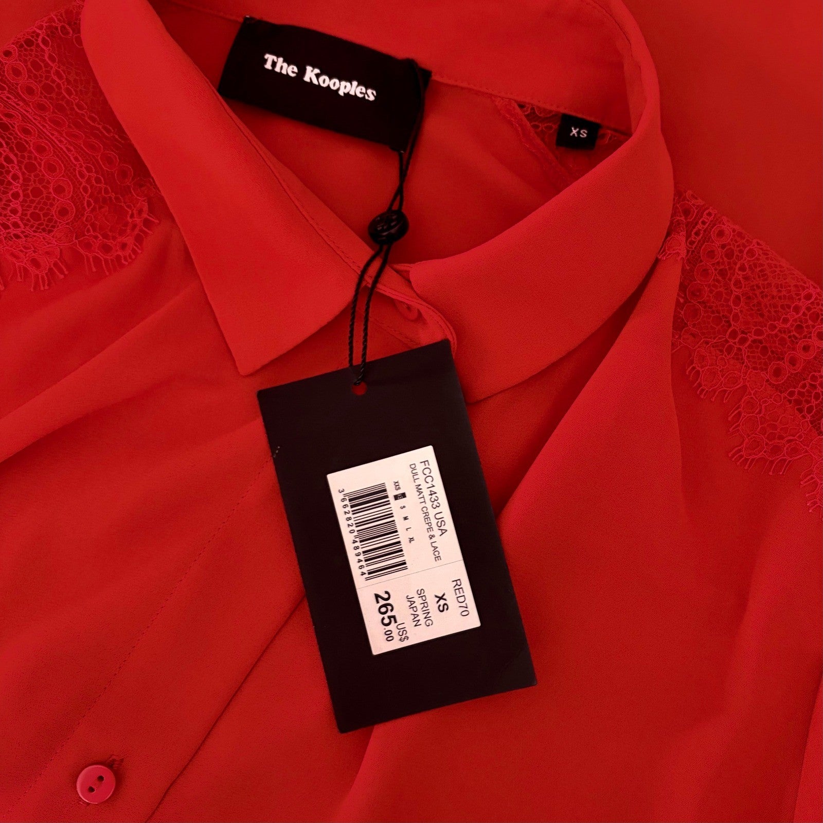 NWT!! THE KOOPLES Red Crepe Lace Shirt Blouse Buttondown Valentine Solid X-Small