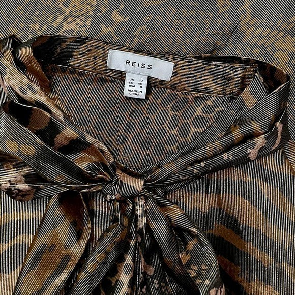 REISS Kendall Metallic Animal Print Tie Neck Blouse Gold Buttondown Size 8