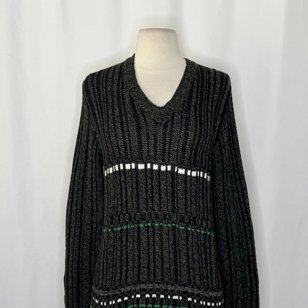 DRIES VAN NOTEN Green Striped Pullover Knit Sweater V Neck Medium