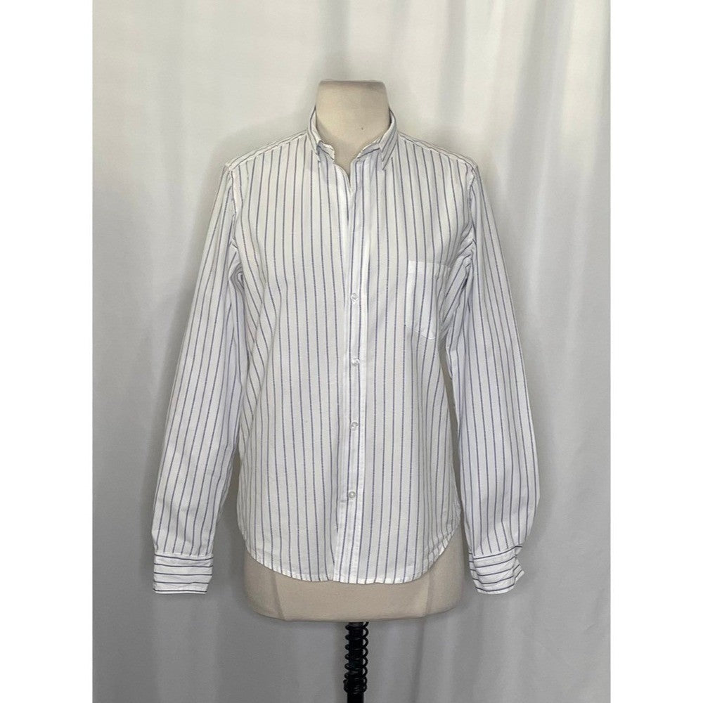 FRANK & EILEEN Crinkle Barry Buttondown Top Blouse White Blue Dotted Small