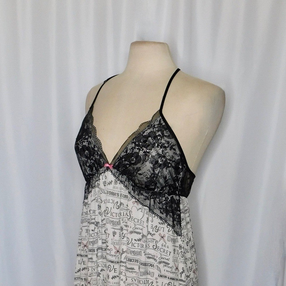 VICTORIA'S SECRET Black Floral Lace Script Print Chemise Gown Nightgown Large