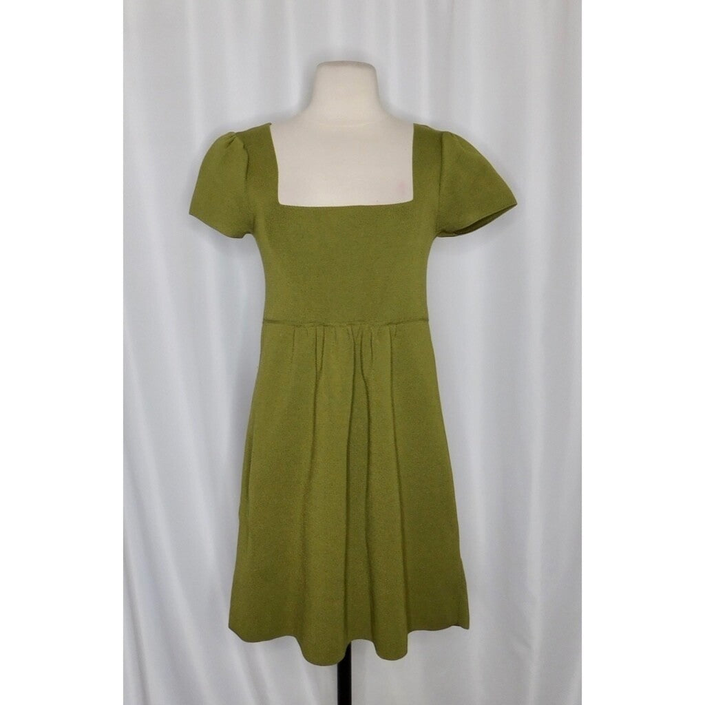 ZARA Squared Mini Babydoll Dress Puff Sleeves Solid Olive Green Knit Small
