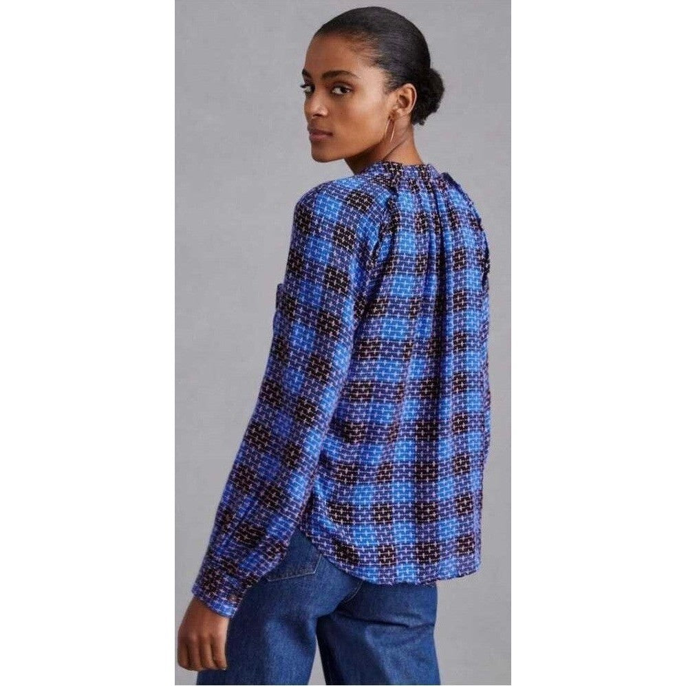 Anthropologie PILCRO Embroidered Plaid Buttondown Blue Pink Plaid Pocket X-Small