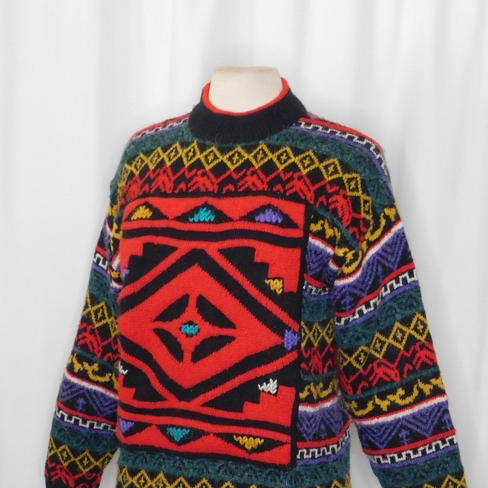 Vintage KITTY HAWK Bright Colorful Pullover Sweater Fairisle Geometric Medium