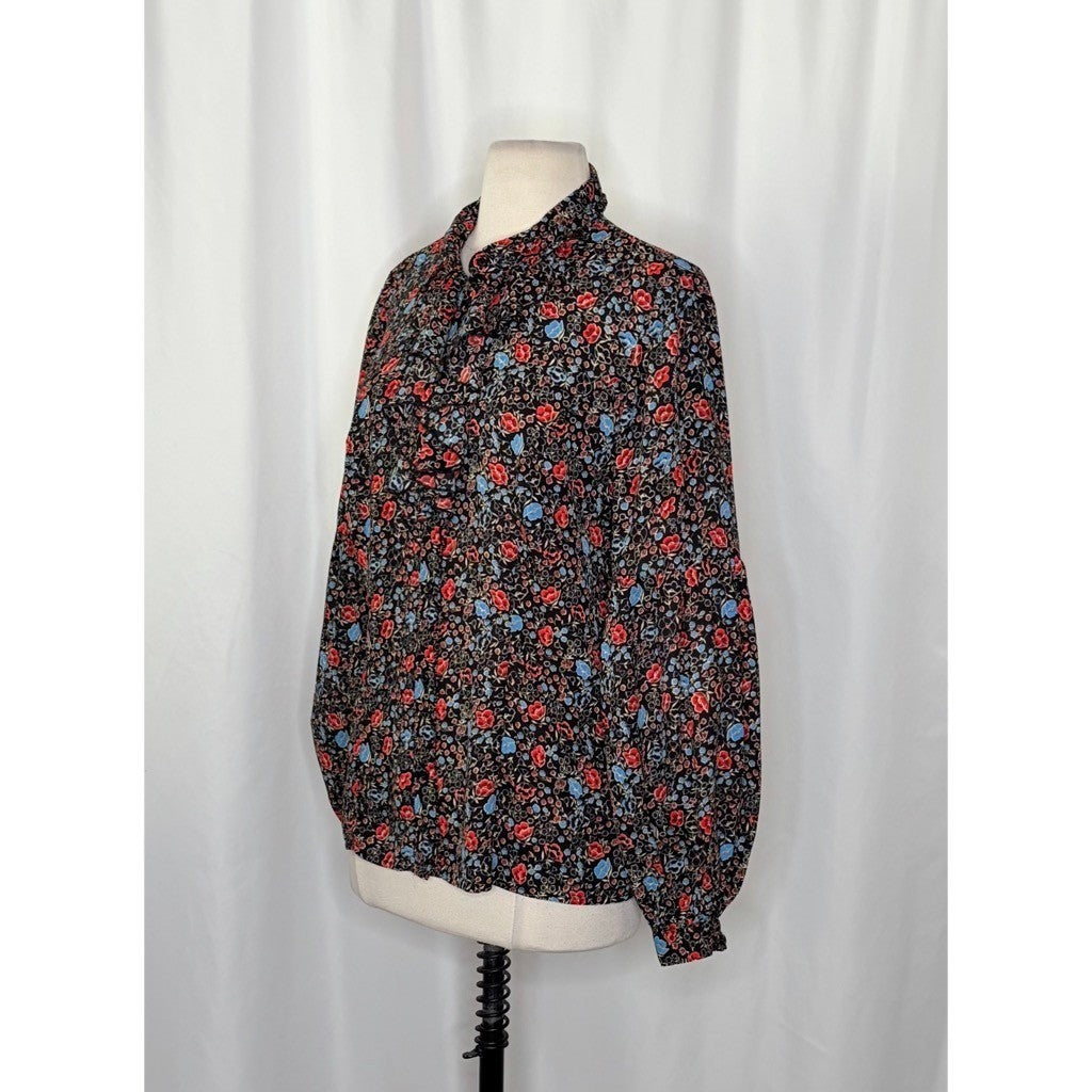 FREE PEOPLE Black Floral Ruffled Poet Top Blouse Buttondown Bohemian Medium