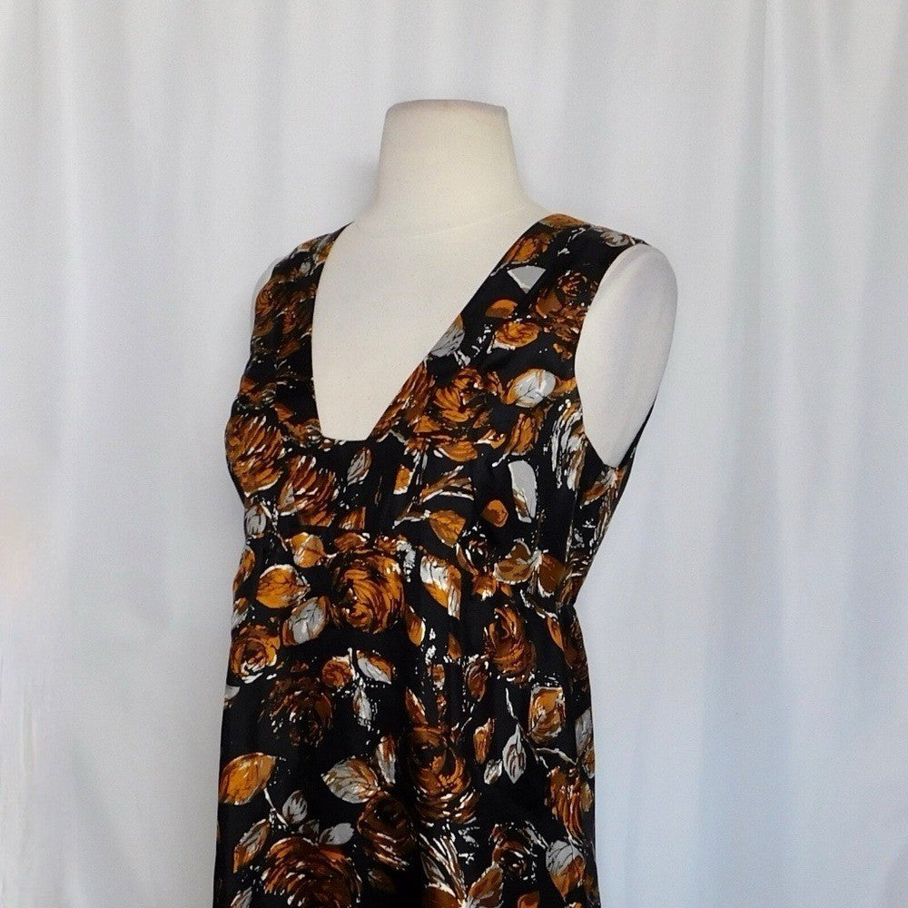 TIBI Floral Silk Dress Roses Retro Black Orange Empire Bodice Party Holidays 2