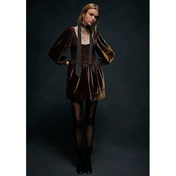 NWT!! FREE PEOPLE Farrier Velvet Mini Dress Smocked Solid Brown Bear Mini Medium